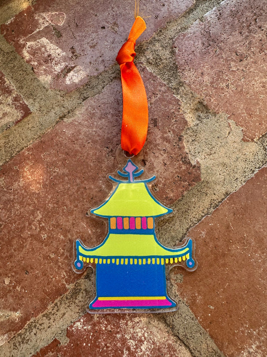 Blue & Lime Pagoda House Acrylic Ornament