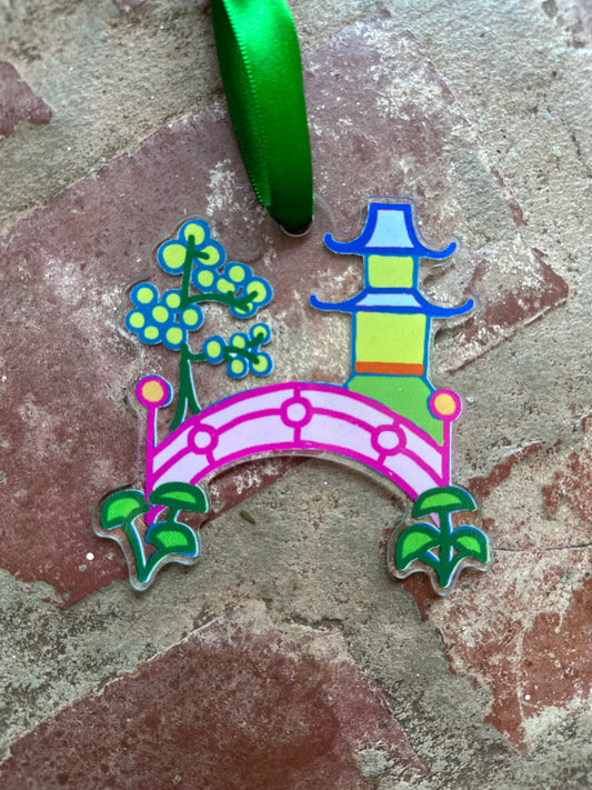 Pagoda House Bridge Scene Acrylic Ornament