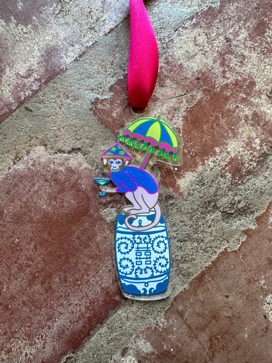 Martini Monkey on a Garden Stool Acrylic Ornament