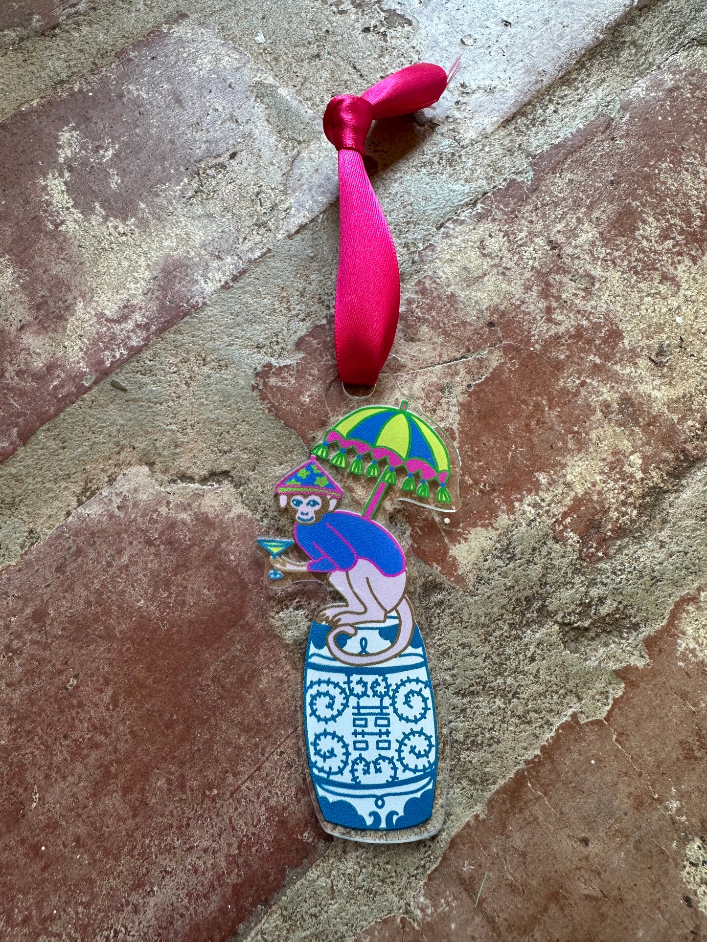 Martini Monkey on a Garden Stool Acrylic Ornament